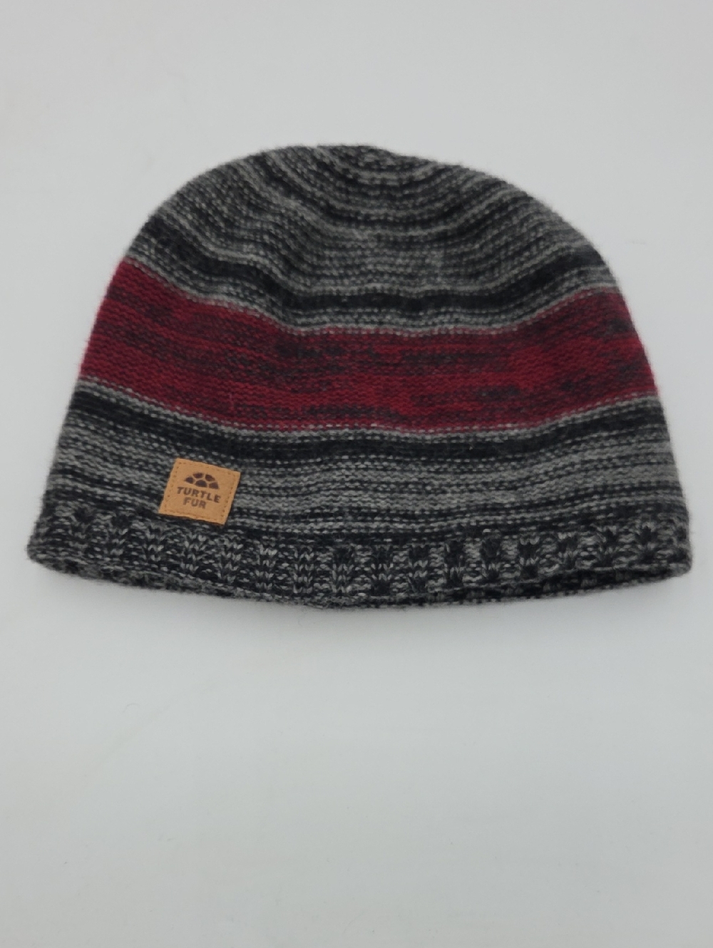 Turtle Fur Lambswool Striped Knit Beanie - Gray & Burgundy
